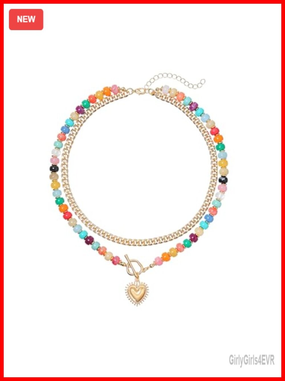 Layered Beaded Necklace 14k Gold Plated Heart Pendant Acrylic Boho